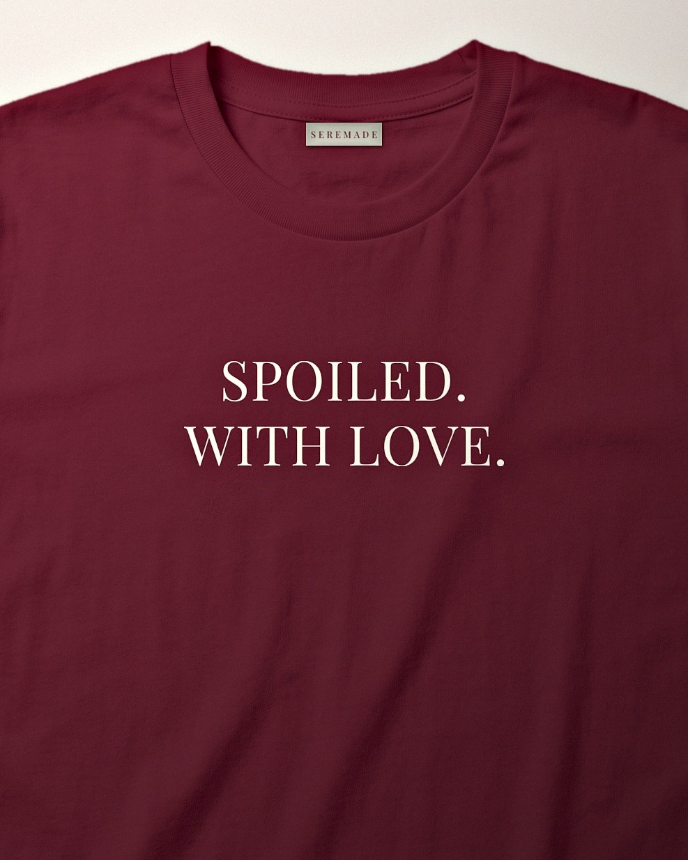 Burgundy heavyweight t-shirt printed SPOILED. WITH LOVE. in ivory